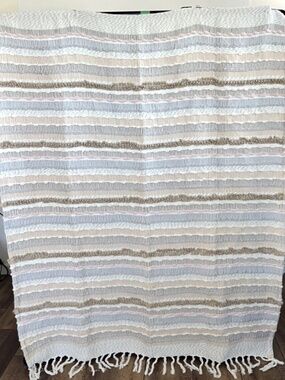 London Kaye Boho Textured Stripe Fringed Throw Blanket Cotton Blend 62"x48"